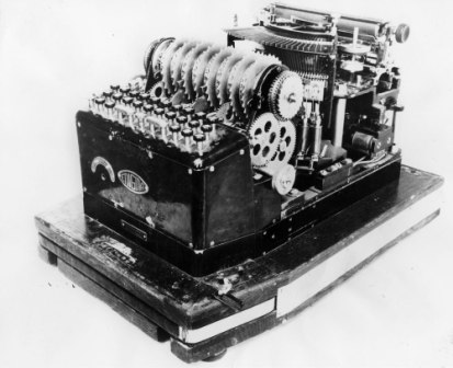 Enigma machine open with 8 rotors